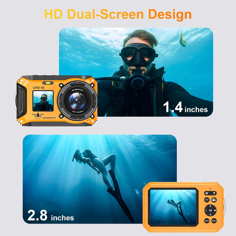 4K Underwater Camera 64MP 33FT Waterproof, 32GB Card Dual-Screen Dustproof | Suitable for Snorkeling, Vacation, UHD Autofocus Point-and-Shoot, Compact , Floatable, 1500mAh Battery, Type-C, Yellow