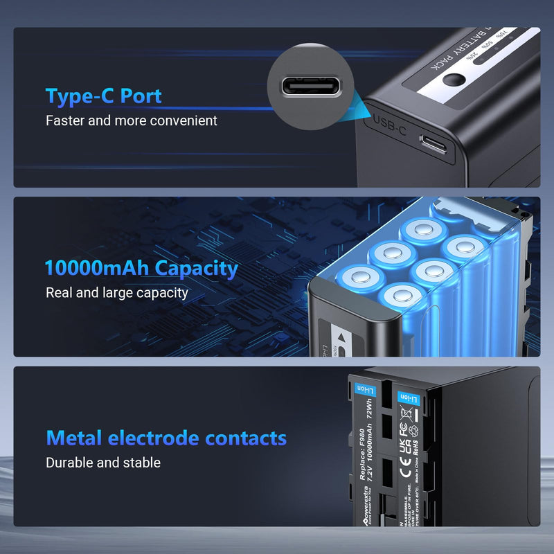 Powerextra NP-F970 Battery 10000mAh Replacement Battery for Sony NP-F970 F960 F950 F930 F550 F570 F750, PD 20W USB-C Fast Charging Rechargeable Camera Battery for Monitors, LED Video Lights