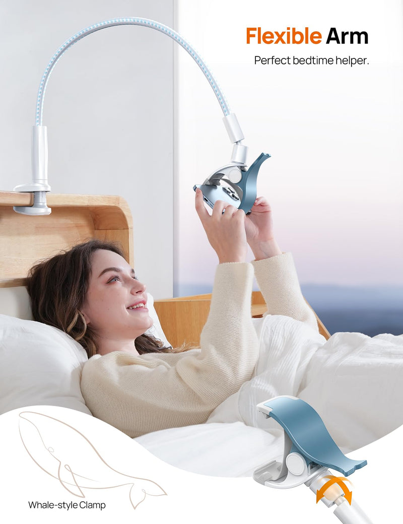 Gooseneck Phone Holder for Bed - [2023 Upgrade Nylon Braid] 38” Flexible Lazy Arm Clip, 360 Adjustable Overhead Phone Mount for iPhone 14 13 12 11 Pro Max Mini Plus, all 4-7" Cellphone - White