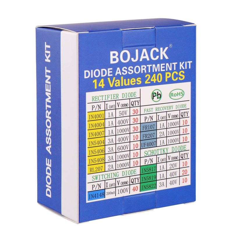 BOJACK 14 Value 240 Pieces Diode Assortment Kit Contains Rectifier/Quick Recovery/Schottky/Switching Diodes IN4001 4004 4007 5404 5406 5408 RL207 FR107 207 UF4007 IN5817 5819 5822 4148