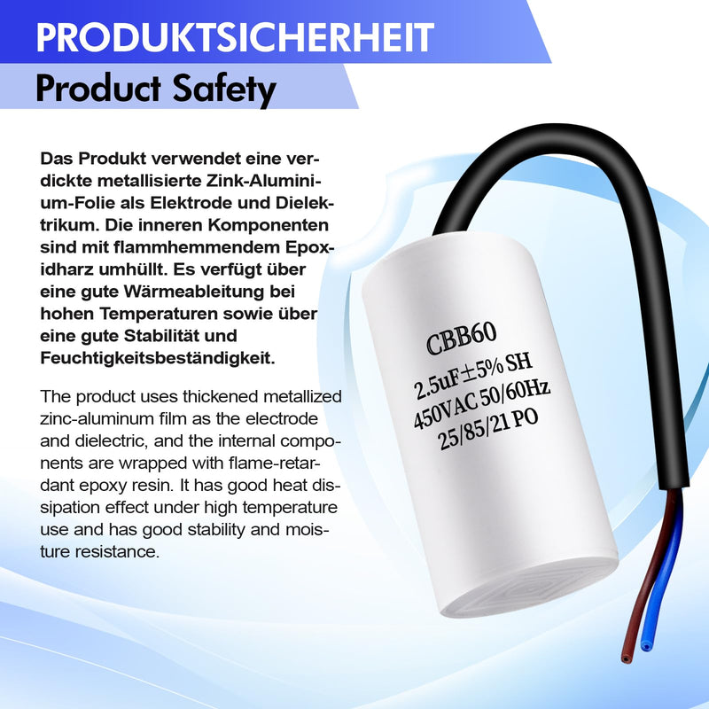 JUNUNDJING CBB60 450V 2.5uF 50/60HZ Starting Capacitor with 15 cm Extension Wire, Motor Operating Capacitor, AC Motor Capacitor, for Household Appliances such as Electric Motors and Air Conditioners