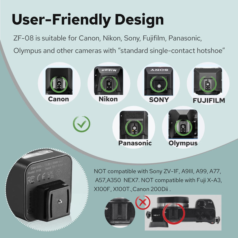 [AUSTRALIA] - Zeniko ZF08 Aluminum Mini Flash Speedlite, 440 Full-Power On Camera Flash,CCT 6500K±200K Small Camera Flash for Canon/Fuji/Sony zv1/Sony zve10/Nikon/Panasonic Olympus Pentax/3s Recycle(Black) Black 