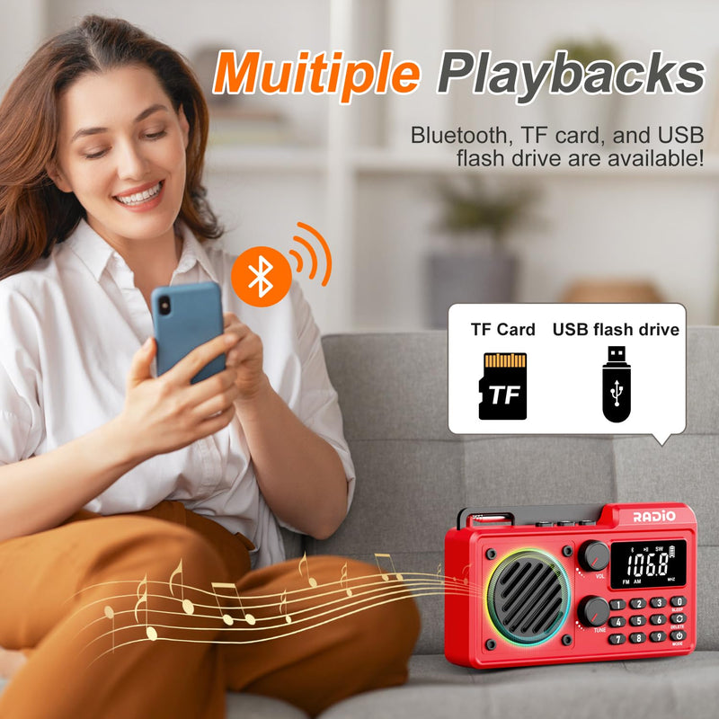 [AUSTRALIA] - Portable Radio AM FM 1500mAh Rechargeable with Best Reception, Transistor shortwave Radio Wireless Bluetooth Speaker, with Large LCD Screen, Support TF Card U Disk, Earphone, Sleep Timer (Red) Red 