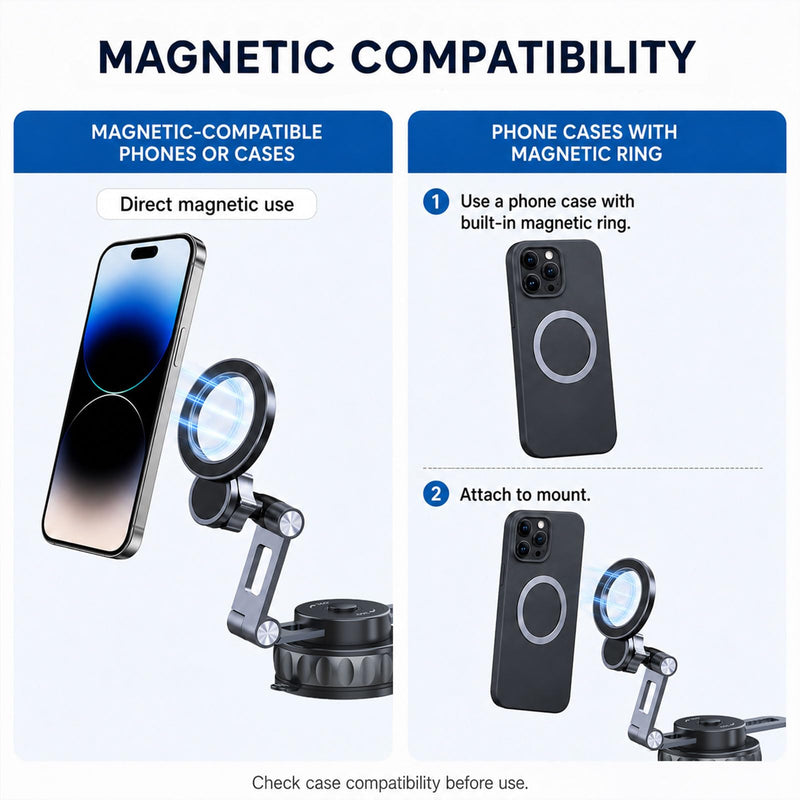 Vacuum Suction Magnetic Car Phone Mount, 360° Rotating Extendable Multi-Axis Arm for Dashboard & Windshield, Compatible with MagSafe iPhone Models and Magnetic Cases, Metal Ring Included