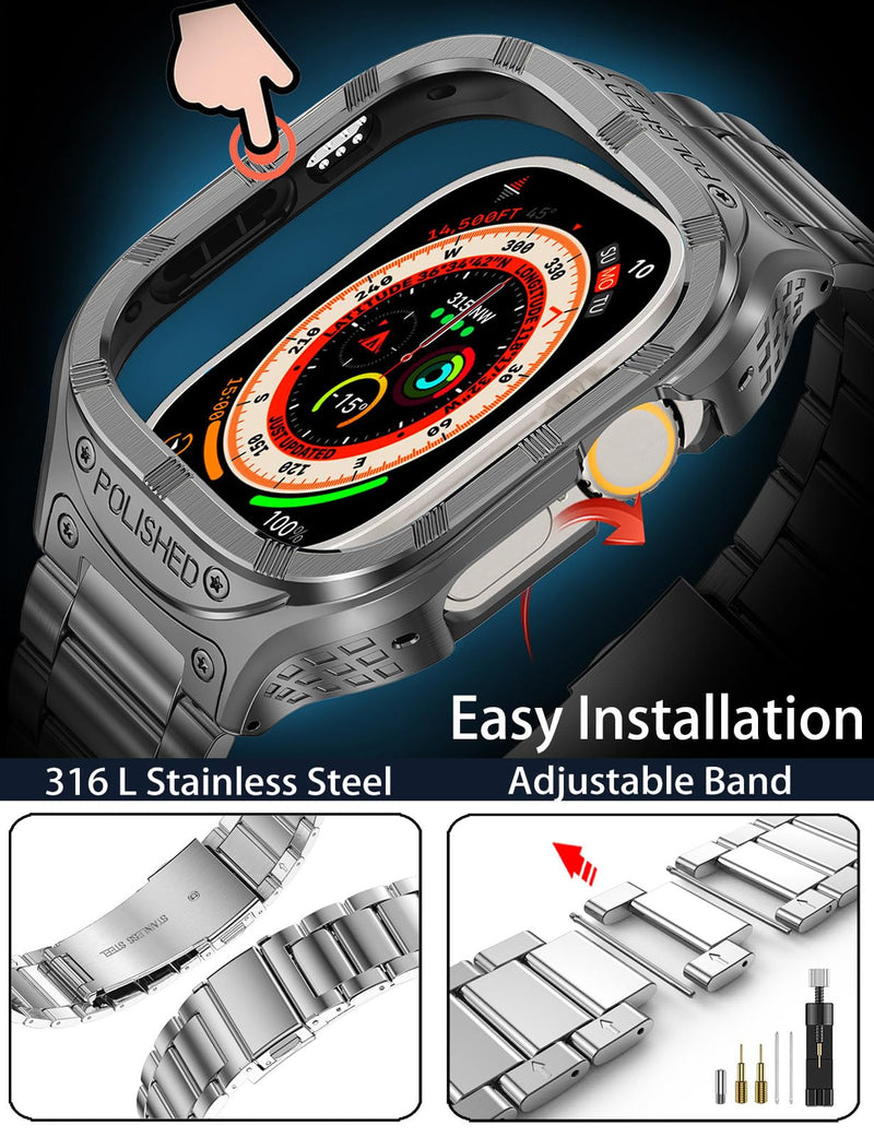 Stainless Steel Case and Band for Apple Watch Band 45mm,Rugged Apple Watch Case with Metal iWatch Band for Men Series9 8 7,Grey 3-Grey-44