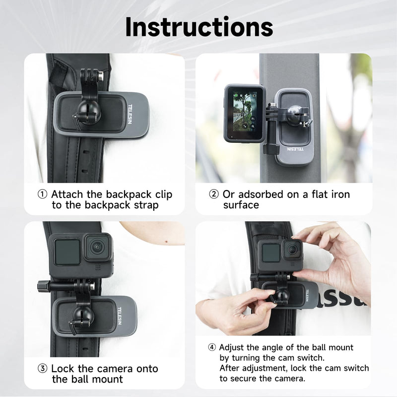 TELESIN Magnetic Mount Backpack Clip with Phone Holder for GoPro Insta360 iPhone Accessories for Go Pro Hero 13 12 11 10 9 8 7 Insta 360 X3 Go3 Ace Pro DJI Action 5 Pro 4 3 Pocket 3 Bike Motorcycle Magnetic Mount+Backpack Clip+Phone Holder