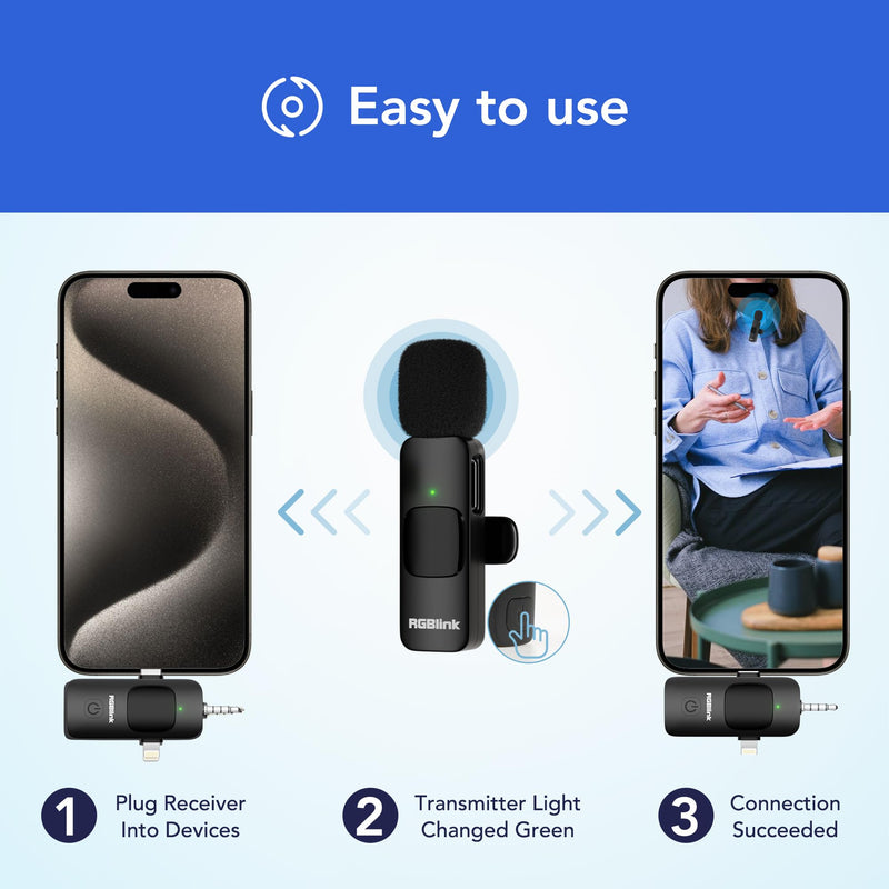 [AUSTRALIA] - RGBlink Wireless Lavalier Microphone 3 in 1 Mini Microphone Lapel Mic, Plug & Play Compatible with Android, DSLR Camera and Laptop Recording, Live Streaming, YouTube, TikTok, Interview 3-in-1 Microphone 