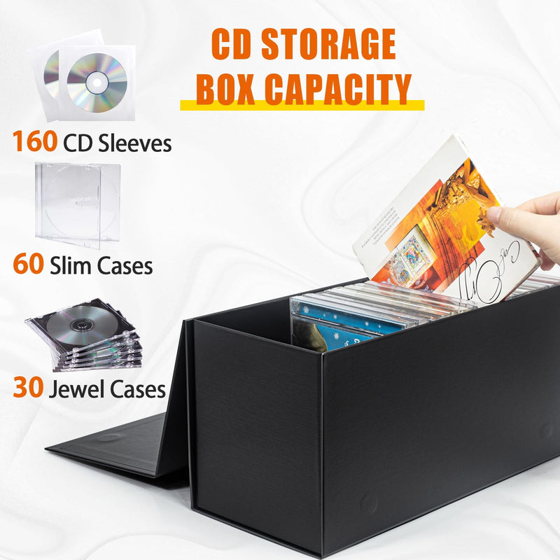 CD Storage Box, DVD Storage Box- Durable 5.2 x 5.75 x 12 Inch Disc Holders with Lids, Store up to 30 CDs- Black 1 PACK