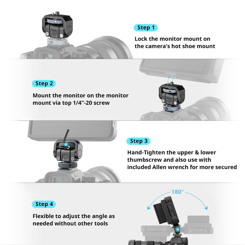 [AUSTRALIA] - SmallRig Camera Monitor Mount Lite with Cold Shoe, Swivel 360° and Tilt 180° Holder for Field Monitor, LED, Flash and Video Shooting Photography Accessories, Max Load Capacity of 90° Tilt 3.2kg 