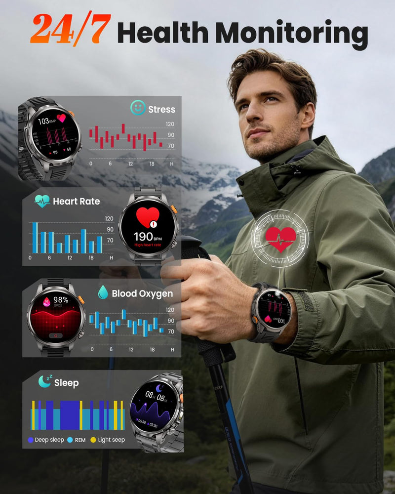 DEKELIFE Smart Watches for Men,1.91''Military Smart Watch with 100+ Sport Modes/Blood Pressure/Heart Rate/Sleep, Fitness Tracker for Android and iPhone, Waterproof Watches for Men(Black) Black 1.91