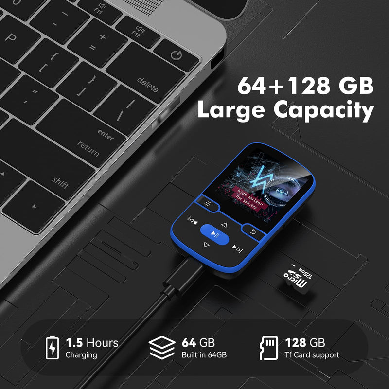 [AUSTRALIA] - 64GB MP3 Player with Clip Bluetooth 5.3 Portable Music Player for Kids with FM Radio, Pedometer, Voice Recorder, Shuffle and Repeat, Weighs Only 28g for Sport and Running, TF Card Up to 128G(Blue) Blue 64GB 