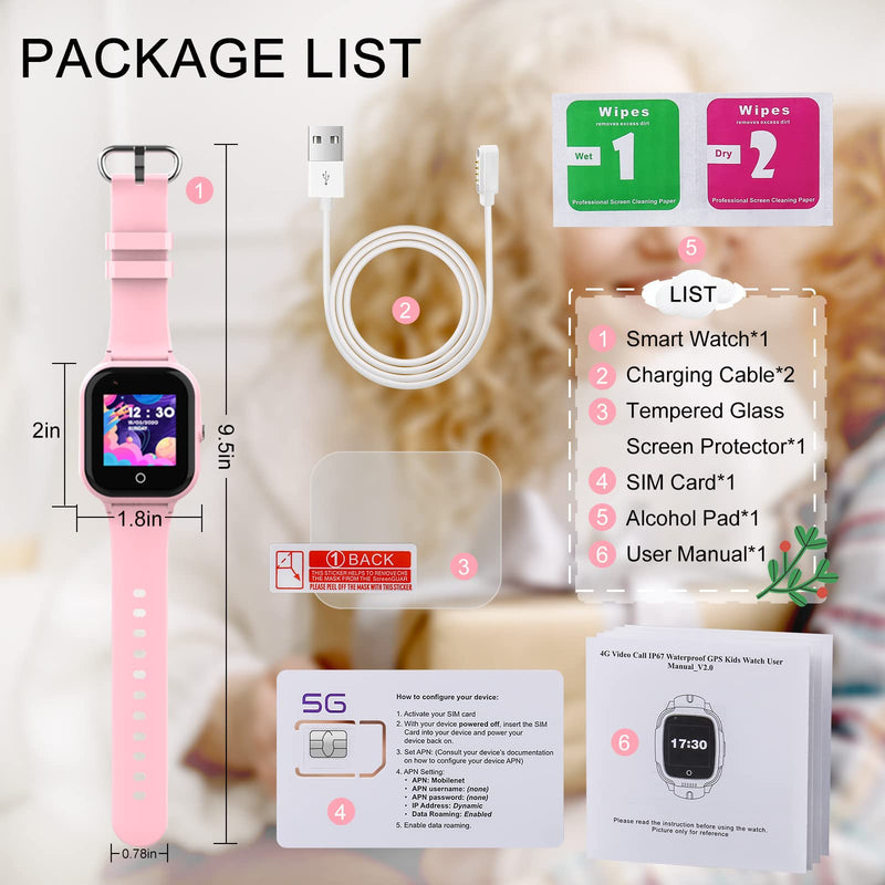 wonlex Kids Smart Watch with GPS Tracker and Calling, 4G Smartwatches Girls Boys with SIM Card SOS Camera Voice Video Call School Mode for Kids Children Aged 4-12 Birthday Gifts Pink
