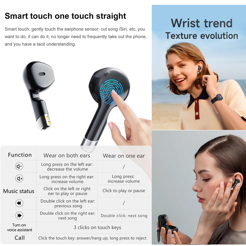 Tuanzi D8Pro 2.01" TFT Smartwatch with Earbuds Smart Watch TWS Wireless Bluetooth Headset Health Monitor Fitness Tracker Bluetooth Call Music Player (Black Silicone) Black Silicone