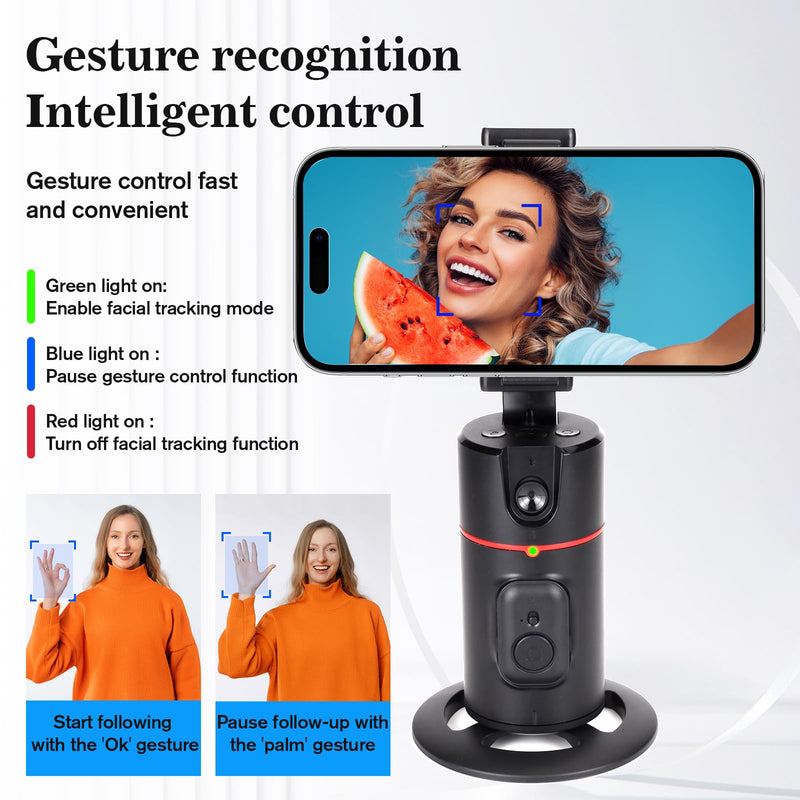 Auto Face Tracking Tripod,360°Rotation Phone Camera Mount Smart Shooting Holder with Remote Selfie Stick,No App,Gesture Control,with 2pcs LED Light