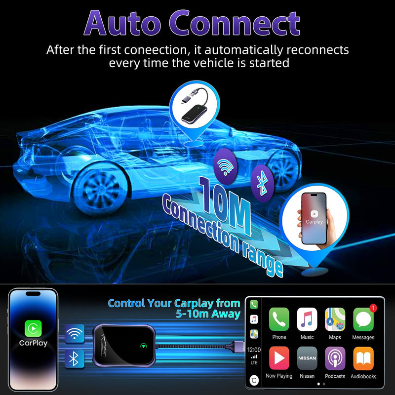 Wireless Carplay Adapter, 2024 Upgrade Converts Wired to Wireless Adapter for iPhone, Plug and Play Dongle for Apple Car Play, Bluetooth Wireless Control Adapter for Cars from 2016 and iOS 10+, Black