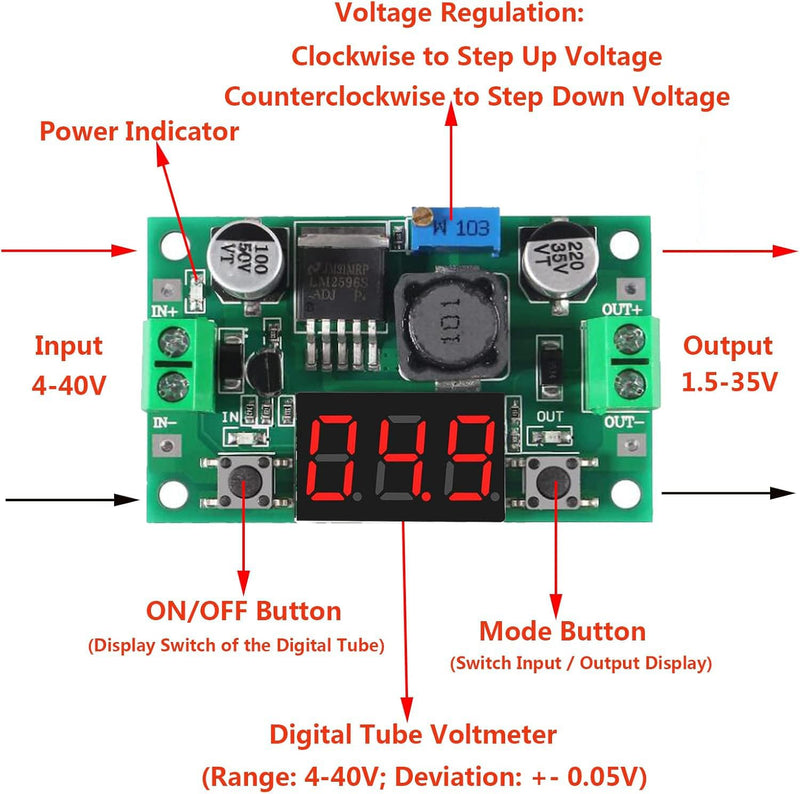 [AUSTRALIA] - RUNCCI-YUN Set of 2 Adjustable DC Step Down Power Supply Converter, 4-40V Input to 1.25-37V Output Voltage Regulator with LED Voltmeter for DIY Arduino 
