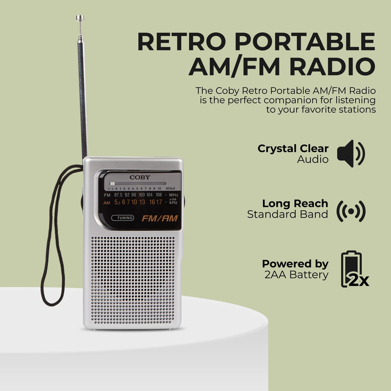 Coby Portable Radio, AM/FM, Pocket Radio, 800-HR Battery, Indoor Outdoor Mini Radio, Emergency Radio, Compact, Retro Transistor Radio A-Silver
