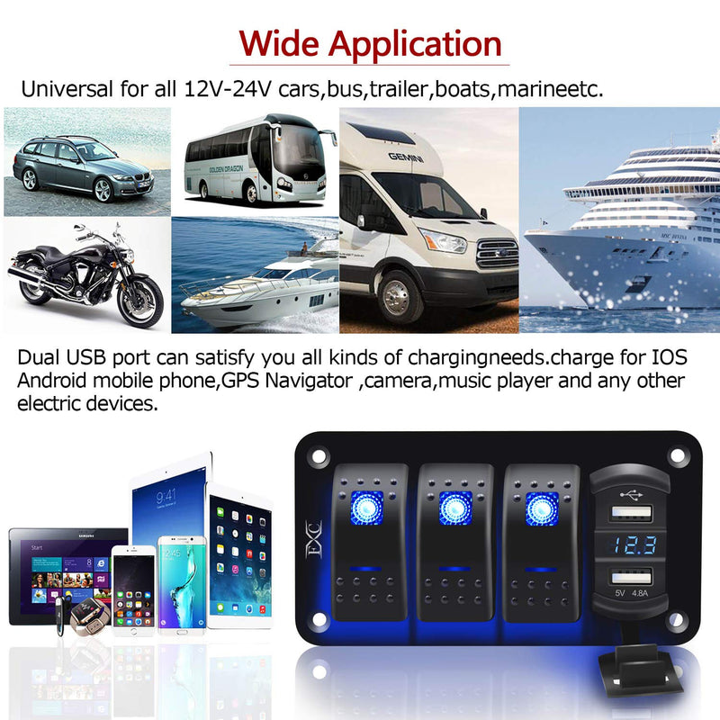 Purishion 3 Gang Rocker Switch Aluminum Panel with Voltmeter & Dual USB(4.8 Amps) Fast Charging, Blue Backlit Led, Pre-Wired IP65 Waterproof for Marine, Boat, Car, Truck, Polaris, Jeep (Blue)