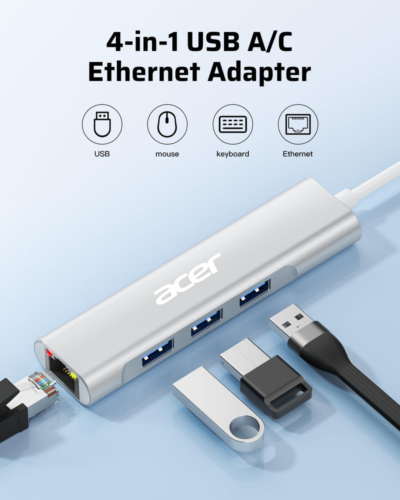 Acer USB C to Ethernet Adapter, 4-in-1 USB-A/C Hub with 3 USB-A 3.1 & 1Gbps RJ45 Networks, USB-C to LAN Adapter for MacBook Pro Air, Surface, Chromebook, Acer, Laptop, and More USB A+C