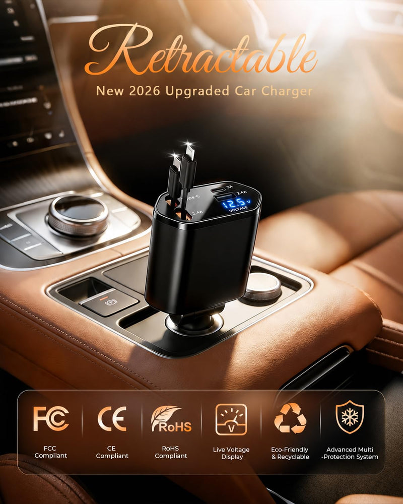 4 in 1 Retractable Car Charger, USB C Fast Charging Adapter, Black | Compatible with iPhone 17-8 and Samsung Galaxy; ideal gift for drives,cars,trucks,SUVs,road trips,rideshare,and family travel