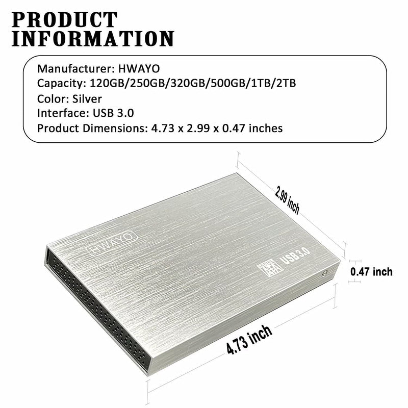 HWAYO 2.5'' HDD 1TB Ultra Slim Portable External Hard Drive USB3.0 Storage for Xbox One Console, PC, Laptop, MacBook (Silver) Silver