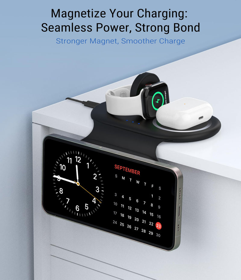 3 in 1 Wireless Charging Station, Magnetic Wireless Charger, Foldable Charger 3 in 1, Travel Charger for iPhone 15/14/13/12 Series, AirPods Pro/3/2, iWatch 2-9/Ultra (Adapter Included) Black