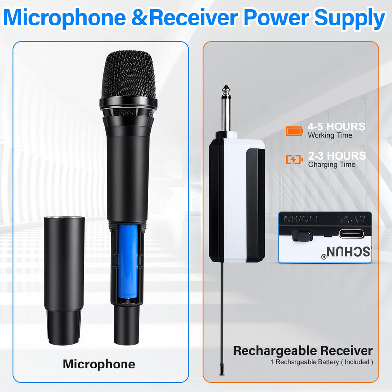 Wireless Rechargeable Metal Handheld UHF Karaoke Microphone, 160Ft Range, 2 Mics, 1 Receiver, 6-8Hrs Battery Life