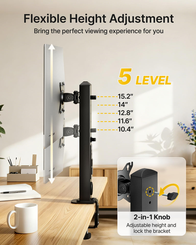 monTEK Powered Single Monitor Stand for 17-32", Clamp/Grommet | Heavy-duty monitor desk mount, integrated power outlet, adjustable arm and clamp/grommet mounting options