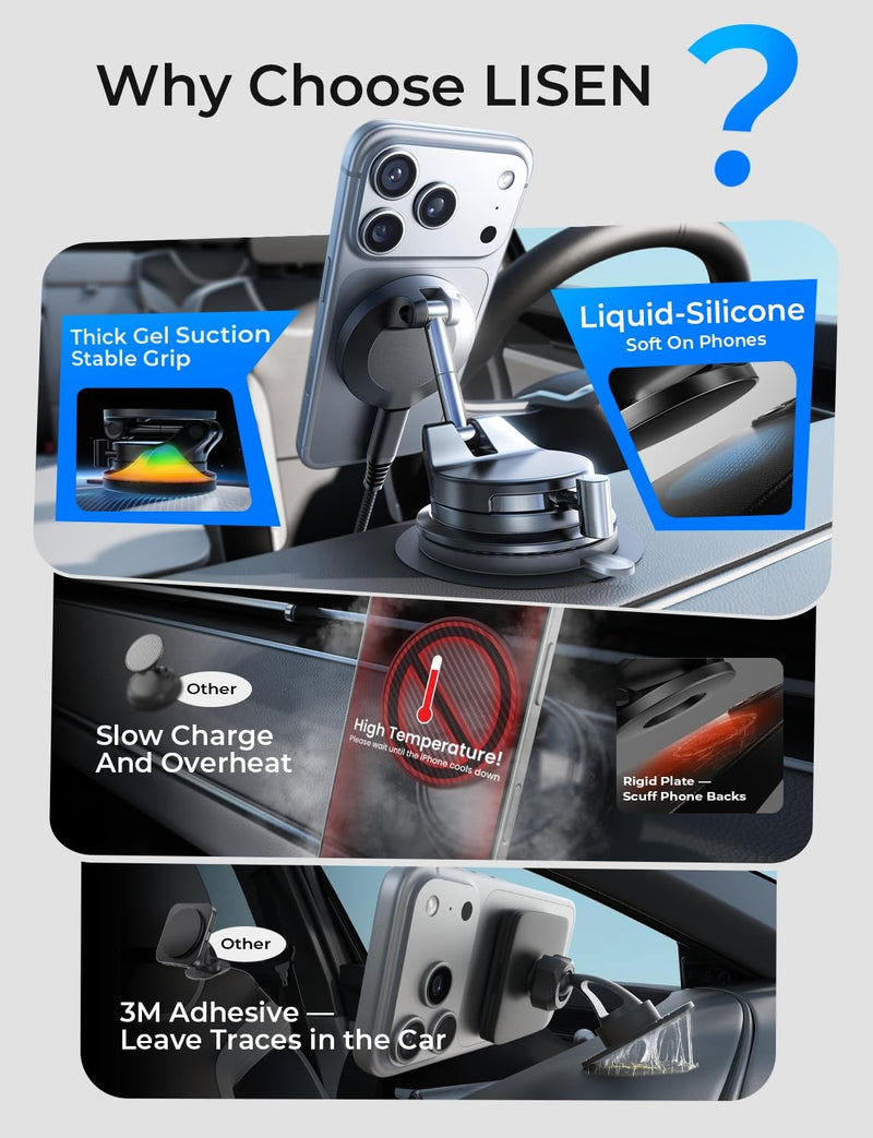 LISEN 15W MagSafe Car Mount Charger, Magnetic Wireless Car Phone Holder | [Easiest Mount] 96LBS Vacuum Suction Car Mount, 360° Magnetic Phone Holders for Your Car, for iPhone 17-12, Pixel 10, Samsung Black 1 Pack