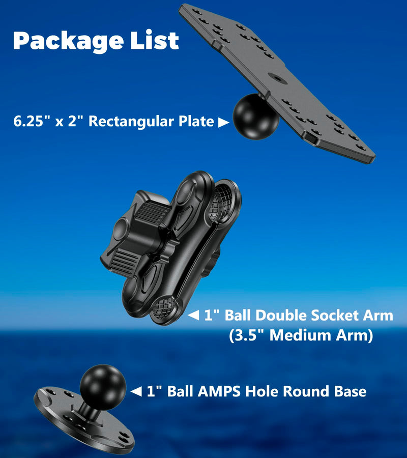 VAZESWIN 1" Ball Aluminum Alloy Fish Finder Mount with 3.5" Medium Arm | Universal AMPS Rectangular Plate, Round Base, Marine Electronic Mount Compatible with Garmin, Lowrance, Humminbird, Raymarine