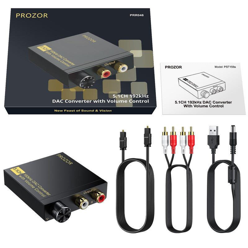 PROZOR 192Khz DAC Converter with Volume Control, Digital to Analog Audio Converter with RCA Cable Support 5.1CH DTS Dolly AC3 Coaxial SPDIF Toslink to RCA Converter for HDTV DVD PS3 Home Cinema System