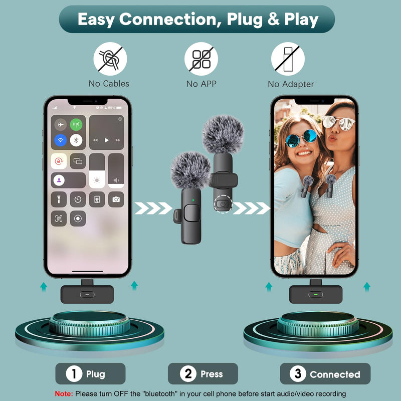 MAYBESTA Wireless Mini Microphone for iPhone, Android Phone - 2 Pack Lavalier Lapel Mic for Audio Video Recording - Clip on Content Creator Microphones for YouTube Tiktok Podcast Vlogging USB-C & Lightning(All iPhones + Androids)