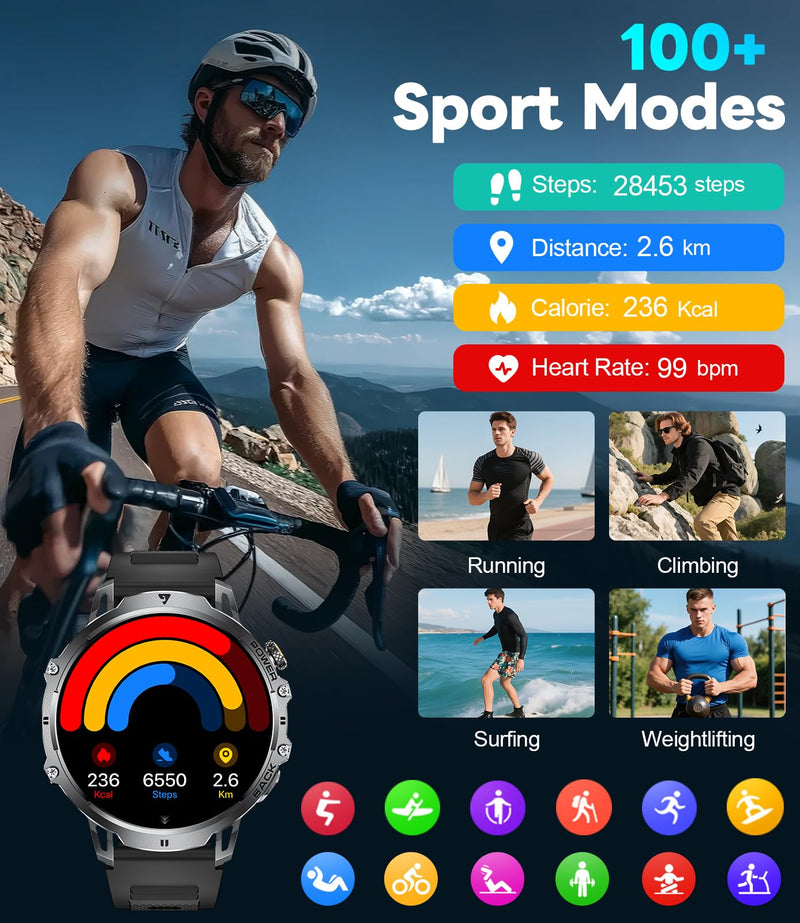 LIGE Military Smart Watches for Men(2 Bands),1000mAh/1.85" HD Large Screen Smartwatch, Flashlight/110+ Sports Modes/Sleep Monitor, Fitness Tracker Watch for Android iOS,Black Black