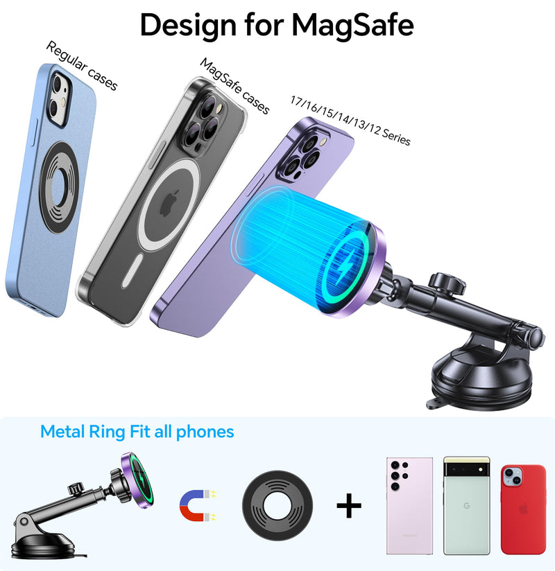 Coolpow for MagSafe Car Mount Charger【Ultra Magnet】 Magnetic Phone Holders for Your Car Charger【Windshield+Vent+Dash】 Magnetic Wireless Car Phone Holder Charger Car Mount for iPhone 17 (Purple) Purple