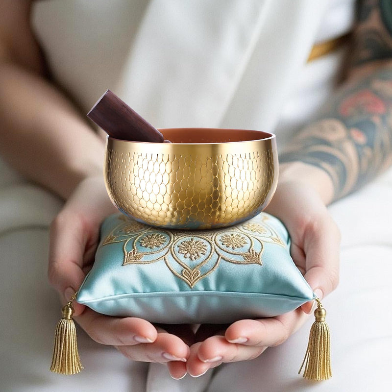 Tibetan Singing Bowl Set — Meditation Sound Bowl Handcrafted in Nepal, Long Lasting Sound for Deep Calming Relaxation, Meditation, and Sound Bowl Healing | Includes Mallet & Cushion(5") (4") 4"