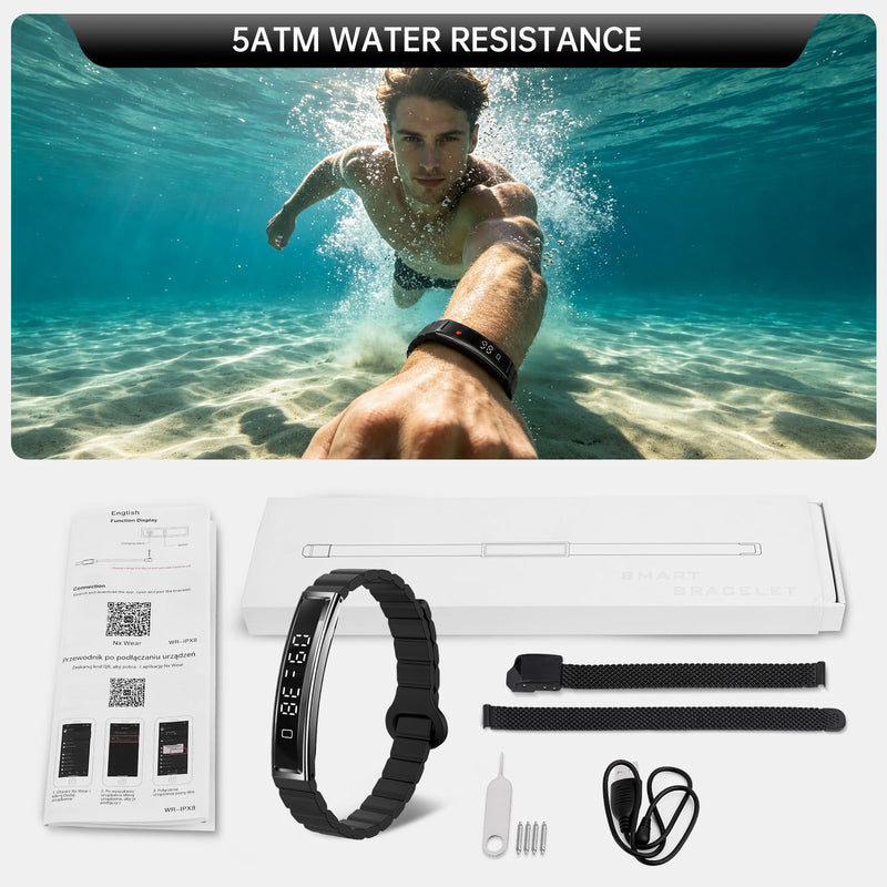 Smart Bracelet for Women Men Fitness Health Tracker with Heart Rate Sleep | 2 Bands 5ATM Waterproof Smartband with Multi-Sport Modes, Step Pedometer Black Steel + Black Magnetic