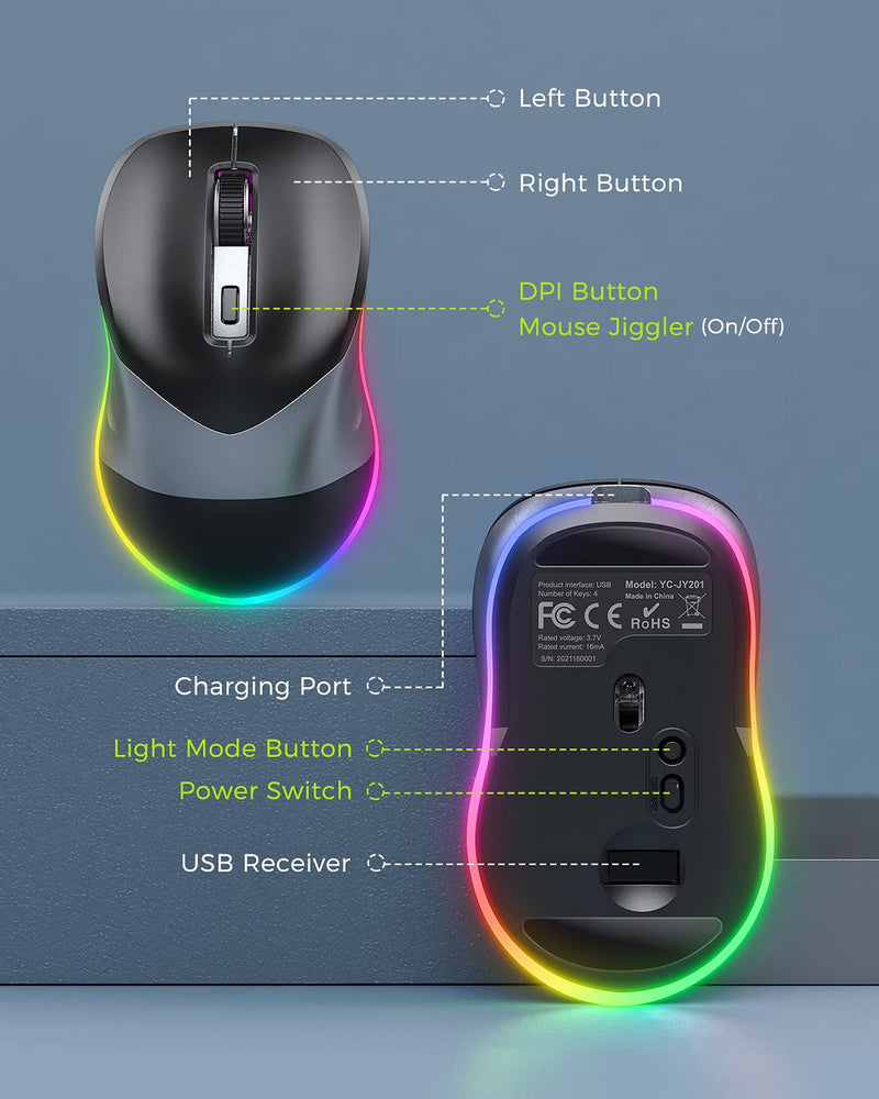 Wireless Mouse, Jiggler Mouse for Laptop - LED Mouse Rechargeable Computer Mice Mouse Mover Undetectable Random Movement with On/Off Button Keeps Computer Awake - Black&Grey Black & Grey Mouse