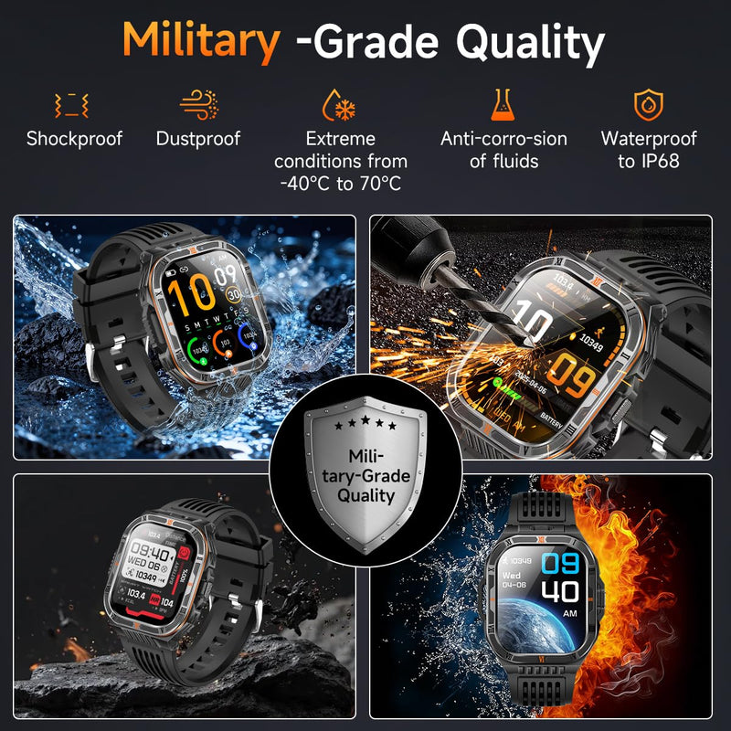 Military Smart Watches for Men, 2.01" HD Smartwatch with 110+ Days Battery/Flashlight/Compass/Bluetooth Calling, Heart Rate/Sleep Monitor, 150+ Sports Modes Fitness Tracker for Android/iOS Black