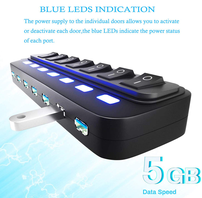 USB Hub 3.0, 7 Port USB Hub Splitter with Individual On/Off LED Switches, 5Gbps HighSpeed Data USB Extension for Laptop, iMac, USB Flash Drives, Mobile HDD, Printer, Camera and More