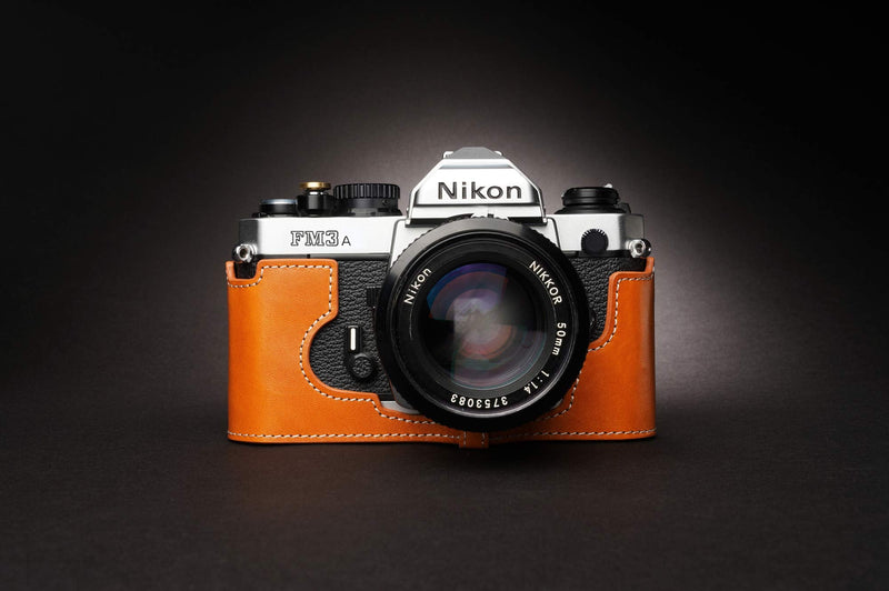 FM3A Case, BolinUS Handmade Genuine Real Leather Half Camera Case Bag Cover for Nikon FM3A Camera with Hand Strap (Yellow) Yellow