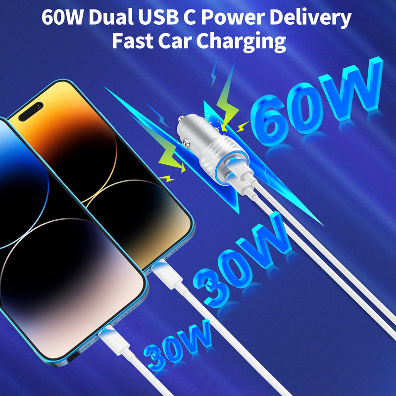 【MFi Certified】iPhone Fast Car Charger, Linocell 60W Dual PD USB-C Car Charger Fast Charging Cigarette Lighter+2Pack Type-C to Lightning Cable for iPhone 14 13 12 11 Pro XS Max Mini XR X iPad AirPods Titanium Silver