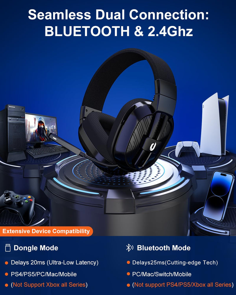 [AUSTRALIA] - Jeecoo 2.4GHz Wireless Gaming Headset with Microphone for PC PS5 PS4, Bluetooth 5.3 Gaming Headphones with Noise Canceling Mic for Laptop, Mobile, Mac, Stereo Sound, 50+Hr Battery, Low Latency Black 