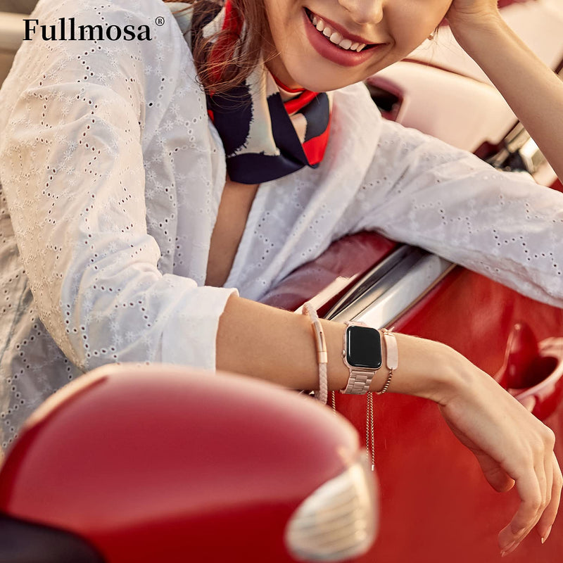 Fullmosa Compatible Stainless Steel Apple Watch Band 44mm/45mm/42mm Rose Gold with Case & Compatible Metal No tool needed Apple Watch Band with Case 44mm/45mm/42mm Rose Gold