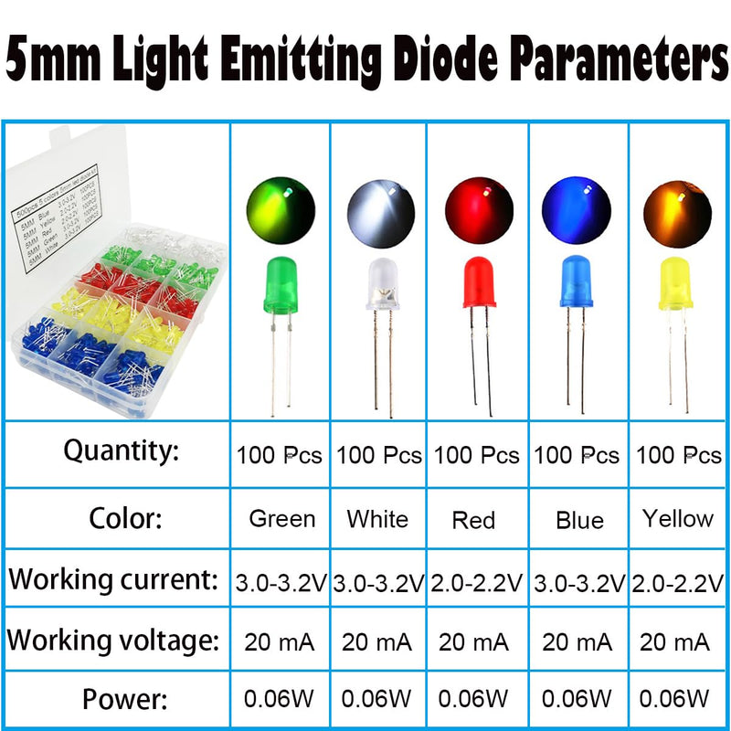 CESFONJER 500 pcs LED light diodes 5 mm, round colour diodes 5 mm 2-pin, (5 colours x 100 pcs), assorted colours white / red / yellow / green / blue kit box set.