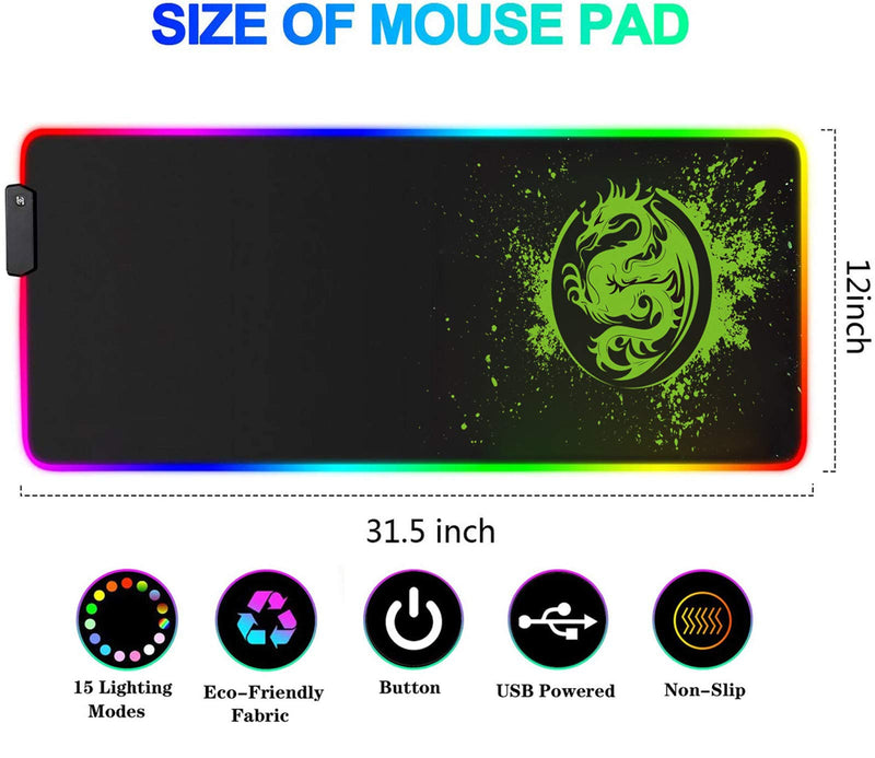 Large RGB Gaming Mouse Pad - 15 Light Modes Extended Computer Keyboard Mat, Anime Dragon Mouse Pad，High-Performance Mouse Pad Optimized for Gamer 31.5 X 12in (Green) Green