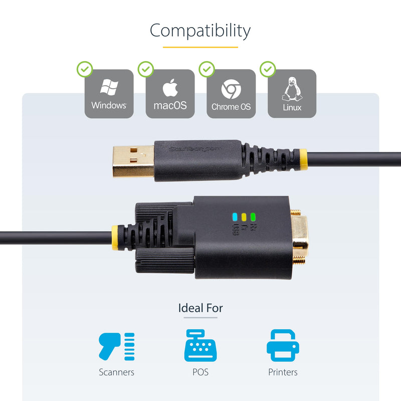 StarTech 6ft USB to Serial Adapter Cable, FTDI (1P6FFC-USB-SERIAL) | USB-A to DB9 RS232, Interchangeable DB9 Screws Nuts, COM Retention, LED Indicators