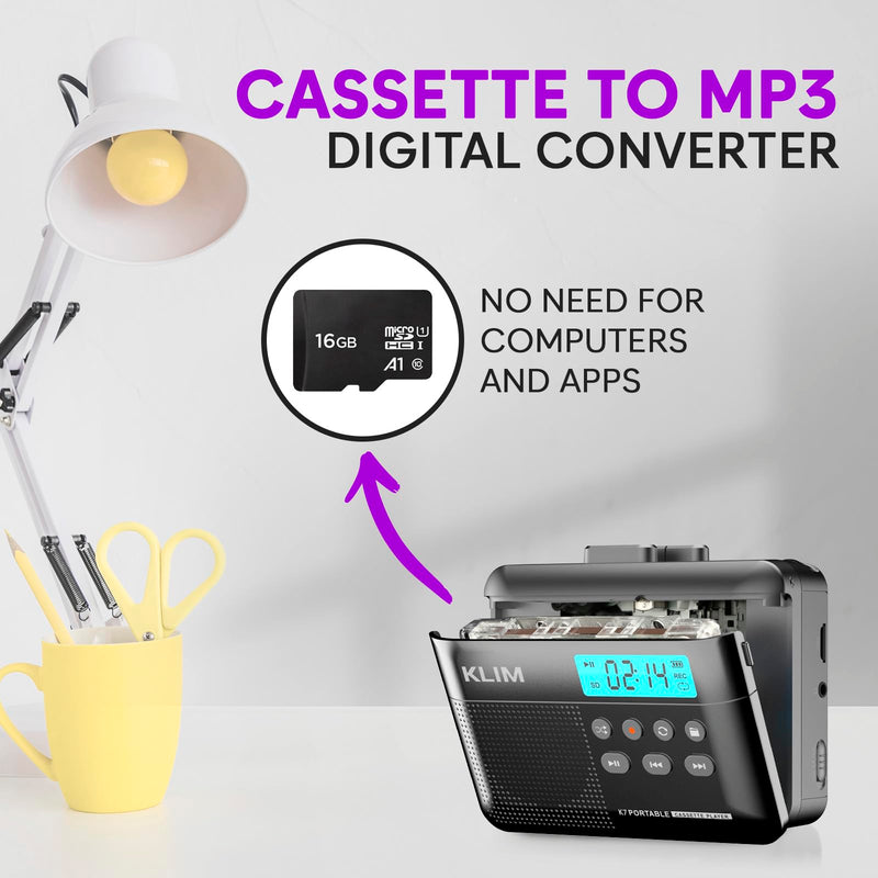 [AUSTRALIA] - KLIM K7 Cassette Tape Player - Cassette to MP3 Converter - Portable - Built-in Microphone & Speaker - Rechargeable Battery - Earphones - 16GB SD Card - Ash 
