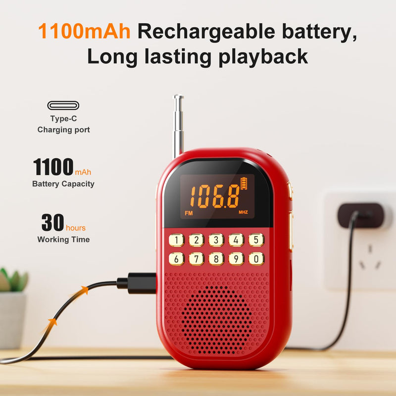 [AUSTRALIA] - Pocket AM FM Radio:1100mAh Rechargeable Radio Supports Bluettoth, Mini FM AM Receiver with Large Speaker, Stereo Earphone, Sleep Timer, Easy to use for Jogging, Walking Red 