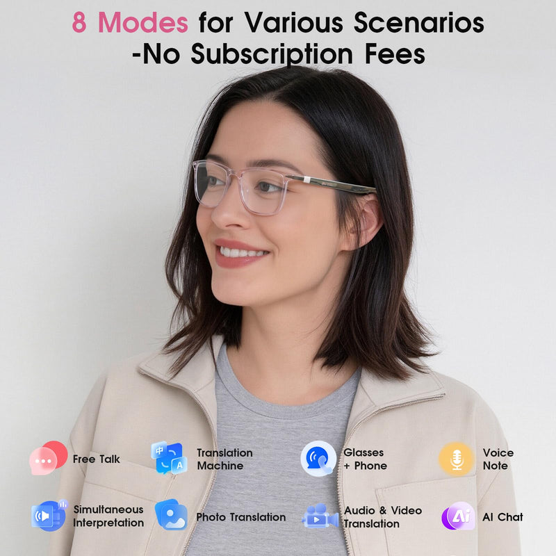 AI Smart Glasses for Women with Stylish Rose-Gold Thin Temples | Real-Time Translation - 164 Languages, Color-Changing Lenses, Lightweight, Free App, Bluetooth Glasses for Travel Working Pink-AI