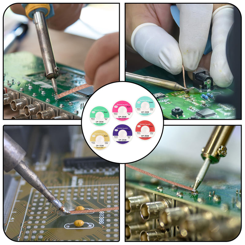 Set of 6 Desoldering Braids - 3 m Copper Desoldering Wire (1.0/1.5/2.0/2.5/3.0/3.5 mm) | Ideal for Desoldering and Removing Solder at Soldering Points | High Thermal Conductivity Solder Braid